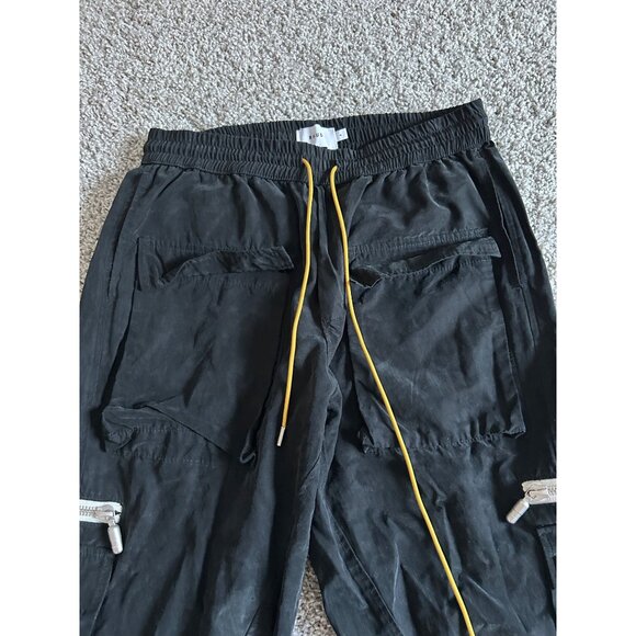 Rhude Black Cargo Track Pants W/ Yellow Drawstring & Zippered Pockets - Picture 3 of 13